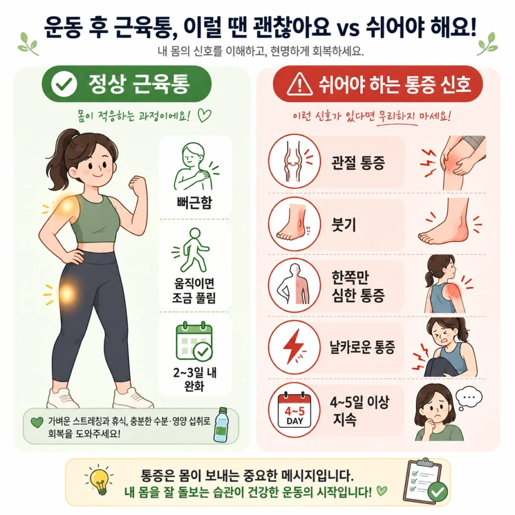 운동 후 근육통 정상적인 통증 및 부상 위험 신호 통증신호 인포그래픽