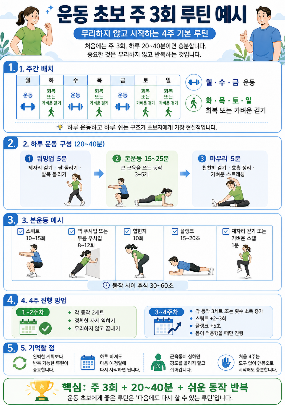 운동초보 주3회 운동루틴 운동계획 예시